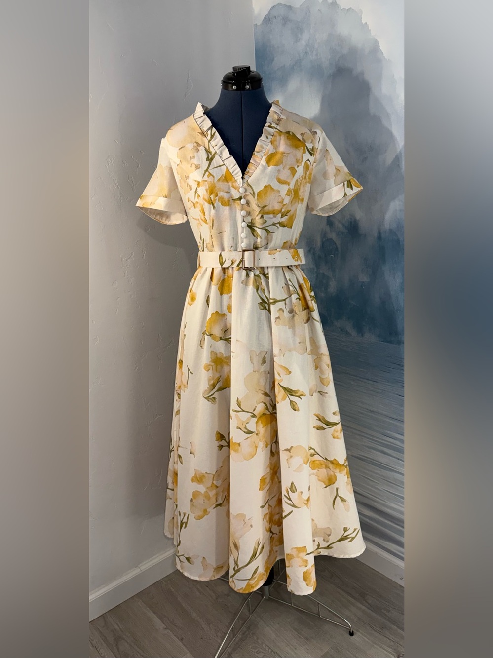 Chillinen Button-Front Cream Midi Dress with Yellow Floral Print and Belt #270